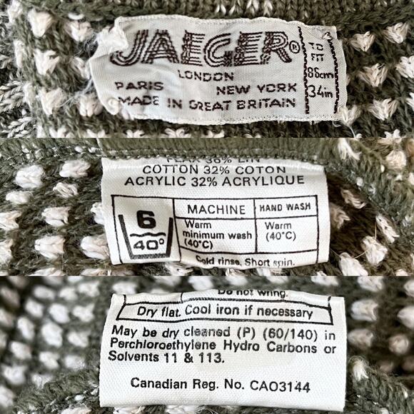 Jaeger Vintage Sweater 34 Inch Army Green Cream Tie Waist Cozy - Picture 8 of 11